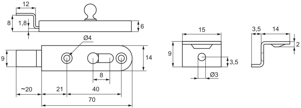 Tornillo para muebles de 2 piezas con deslizador de botones, manivela, con placa de cerradura, 22.06.040, de SISO Dinamarca. Dibujo técnico