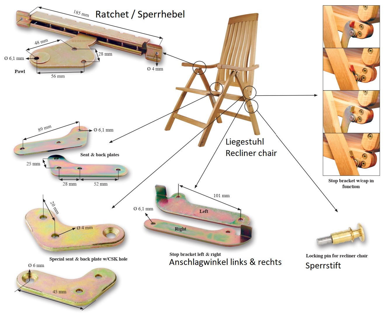 Práctica palanca de bloqueo, de acero robusto, superficie: galvanizada, amarilla, 185 mm (7,3"), 04.05.010. Trinquete para tumbona de jardín, tumbona, tumbona, muebles de exterior, muebles de jardín, muebles de jardín y mucho más, de SISO Dinamarca - Imagen 9