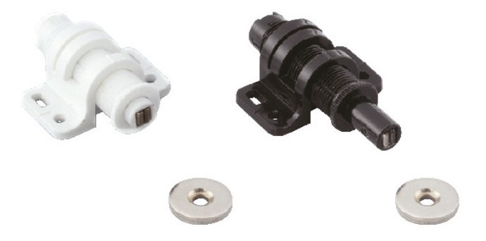 2 piezas de solapa a presión magnética redonda con opción de ajuste, incl. contraplaca, superficie: negro, MC-25BL. Abridor de puertas push-to-open para puertas de muebles, puertas de armarios y mucho más, de Sugatsune / LAMP® (Japón) - Imagen 3