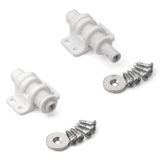 Solapa magnética redonda de 2 piezas con opción de ajuste, incl. contraplaca, superficie: blanca, MC-25WT. Abridor de puertas push-to-open para puertas de muebles, puertas de armarios y mucho más, de Sugatsune / LAMP® (Japón)