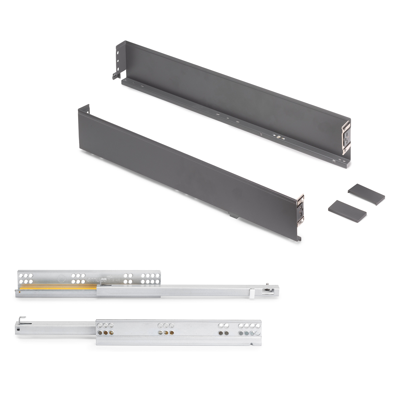 Schubkasten Set, mit extra dünnen Zargen, Höhe: 88 mm, 3275335, Schubladentiefe: 450 mm, von EMUCA, anthrazitgrau, Ausführung: Teilauszug mit Soft-Close. Produktbild