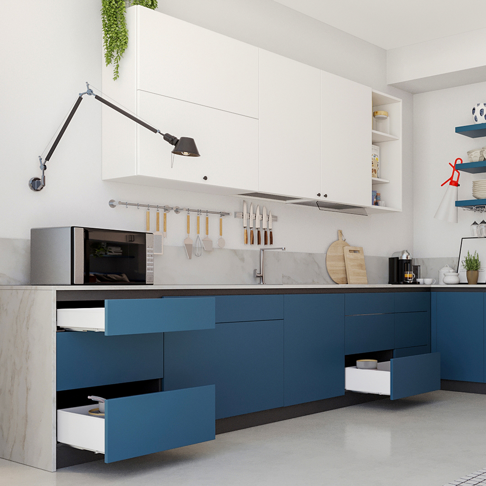 Juego de cajones, con marcos extra finos, altura: 88 mm (3-15/32"), superficie: blanca, 340 mm (13-25/64"), versión: extensión parcial con apertura empujable, 3275112. cajones para muebles de cocina y mucho más, por EMUCA - Imagen 8