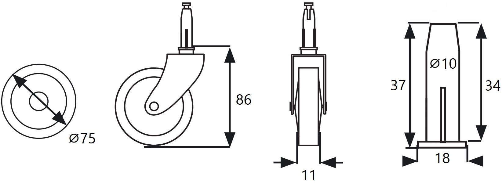 Rollo clásico de carrito de té de 4 piezas, capacidad de carga: 60 kg (133 lbs), superficie: niquelado, ⌀75 mm (2-61/64"), 08.01.110-1. Rollo de servicio de alta calidad para carritos de té, carritos de servicio, carritos laterales y mucho más, procedente de SISO Dinamarca - Imagen 3