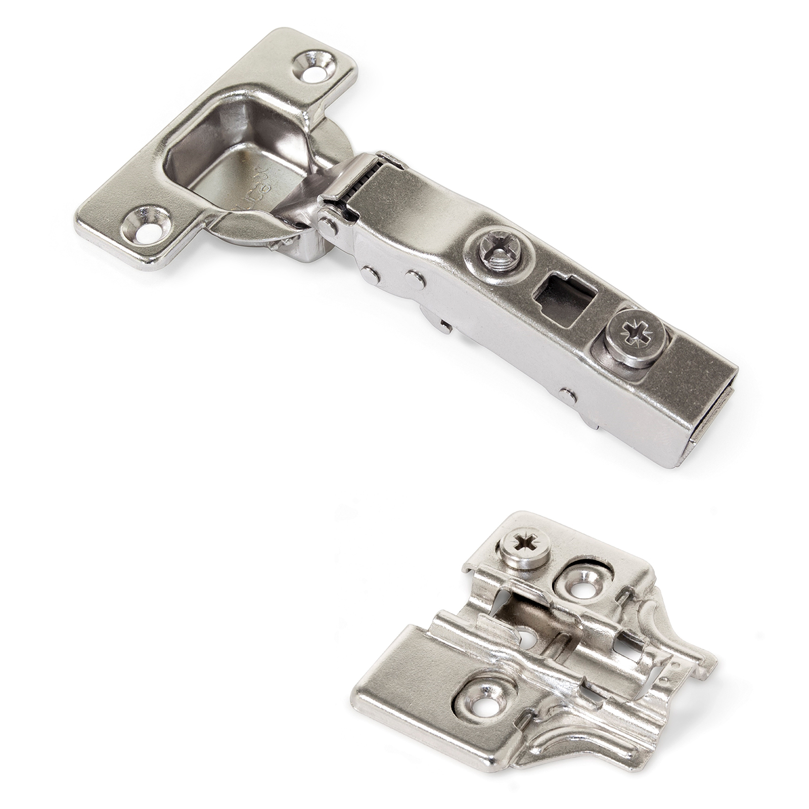 Bisagra de copa, cierre suave, montaje con clip, ajustable en 3D, incl. placa de montaje, superficie: niquelado, versión: de superficie, bisagra de 1040007 para muebles, armarios y mucho más, by EMUCA