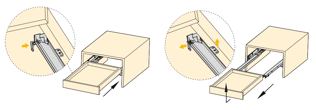 Guías bajo el suelo, capacidad de carga: 30 kg (67 lbs), 550 mm (21-21/32"), versión: extensión total con cierre suave, 3124605. Extraíbles bajo el suelo de alta calidad para cajones de madera, cajones de madera, estantes de madera y mucho más, de EMUCA - Imagen 3
